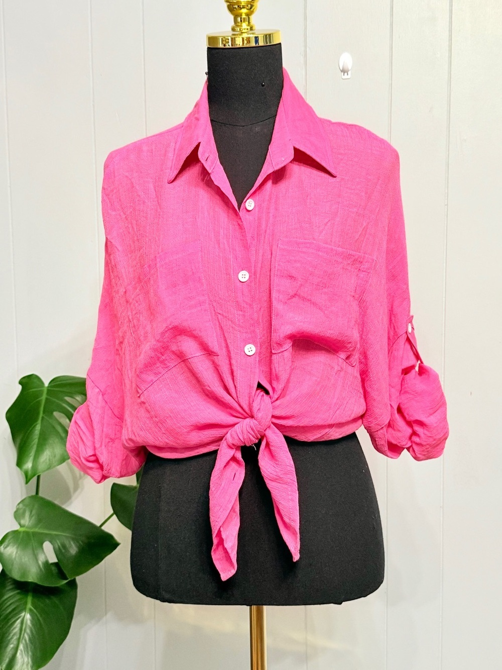 #1)  NWOT Bright Pink Button-Front Women's Shirt - Classic Collar